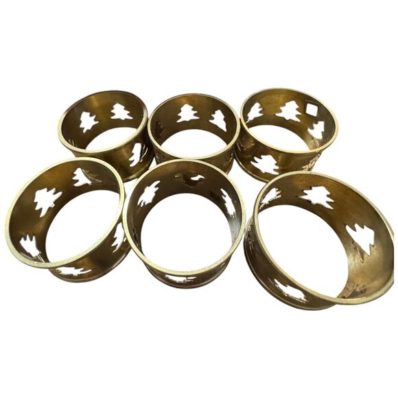 Vtg Brass Christmas Tree Cut Out Napkin Rings Holder Cloth Napkins Red Green LOT - Picture 3 of 11